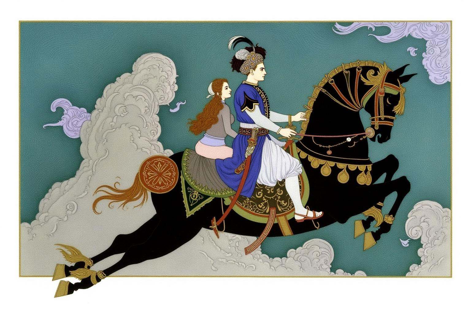 olgadugina1 illustration. A man and a woman are riding a black flying horse. The man wears blue and white cloth with gold...