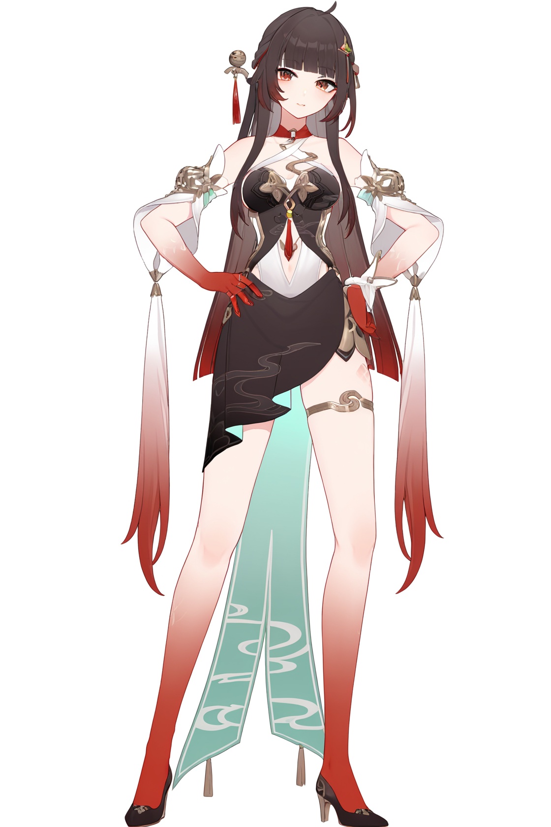 8k, best quality, masterpiece, (ultra-detailed), (high detailed skin), (by nanoless, by misumi \(macaroni\):0.25), full body, full shot, standing, looking at viewer, (solo:1.2), simple background, white background, hand on own hip, <lora:lingsha-atw2-Tanger:0.8>, lingsha, default clothes, red hands, red feet, black dress, 1girl, long hair, black hair, breasts, ahoge, high heels, A full-body portrait of a young girl, standing gracefully, pastel art style, high-key lighting, shoujo manga influence, hd quality, delicate details, 