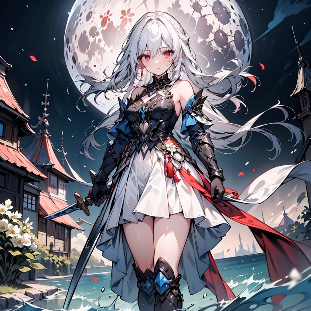 1girl,solo,long hair,breasts,looking at viewer,bangs,red eyes,gloves,dress,hair between eyes,bare shoulders,closed mouth,standing,weapon,flower,white hair,detached sleeves,sky,sword,water,holding weapon,armor,night,moon,white flower,night sky,full moon,jing,