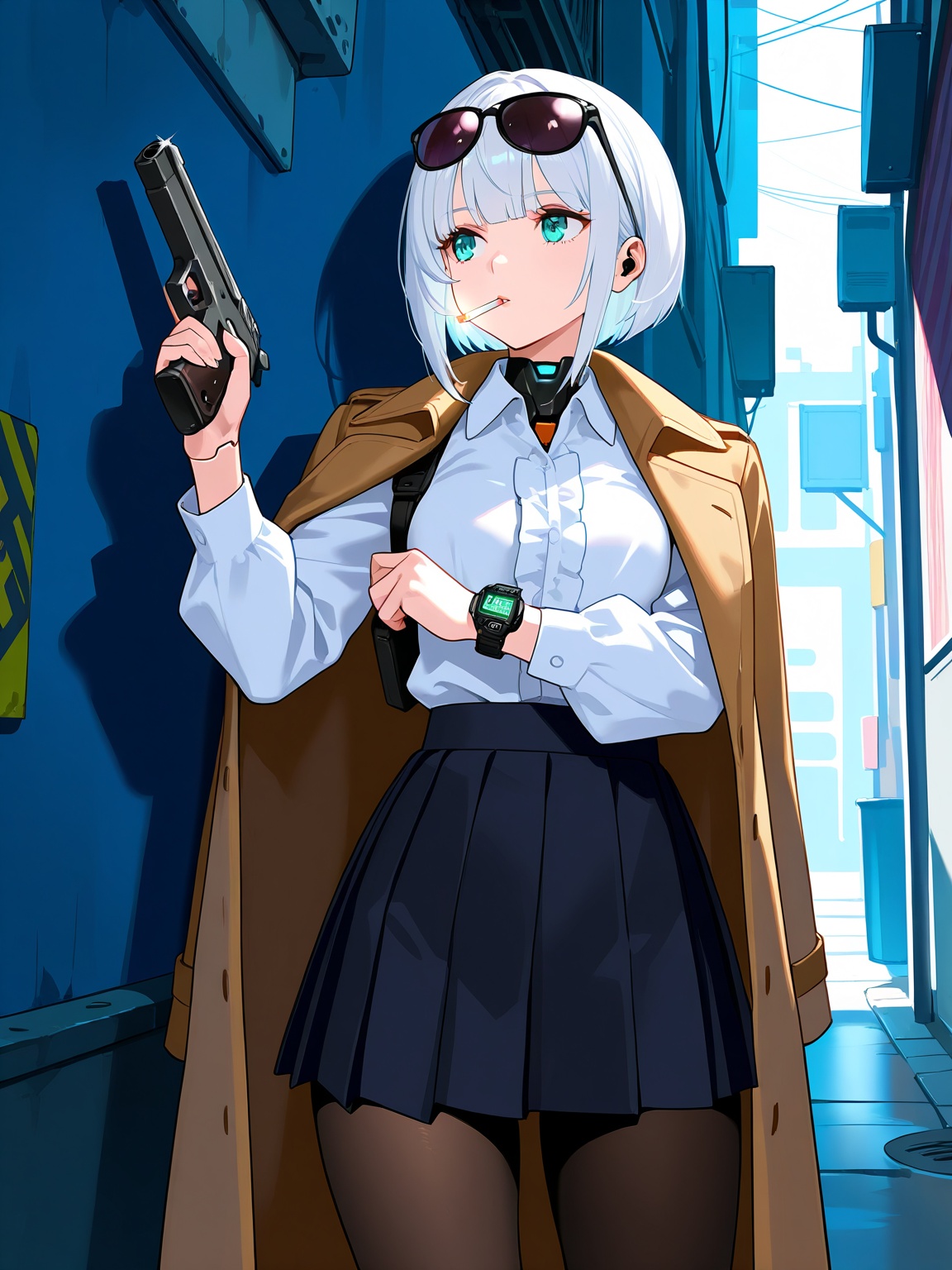 1girl,solo,(fantasy:1.2),(android:1.2),cyberpunk,robot joints,white hair,aqua eyes,trench coat,coat on shoulder,collared shirt,frilled shirt,short skirt,pleated skir,pantyhose,sunglasses,eyewear on head,lighting cigarette,smoking,holding handgun,checking watch,outdoors,alley,cowboy shot,(against wall:1.2),looking to the side,absurdres, masterpiece, best quality, very aesthetic,newest