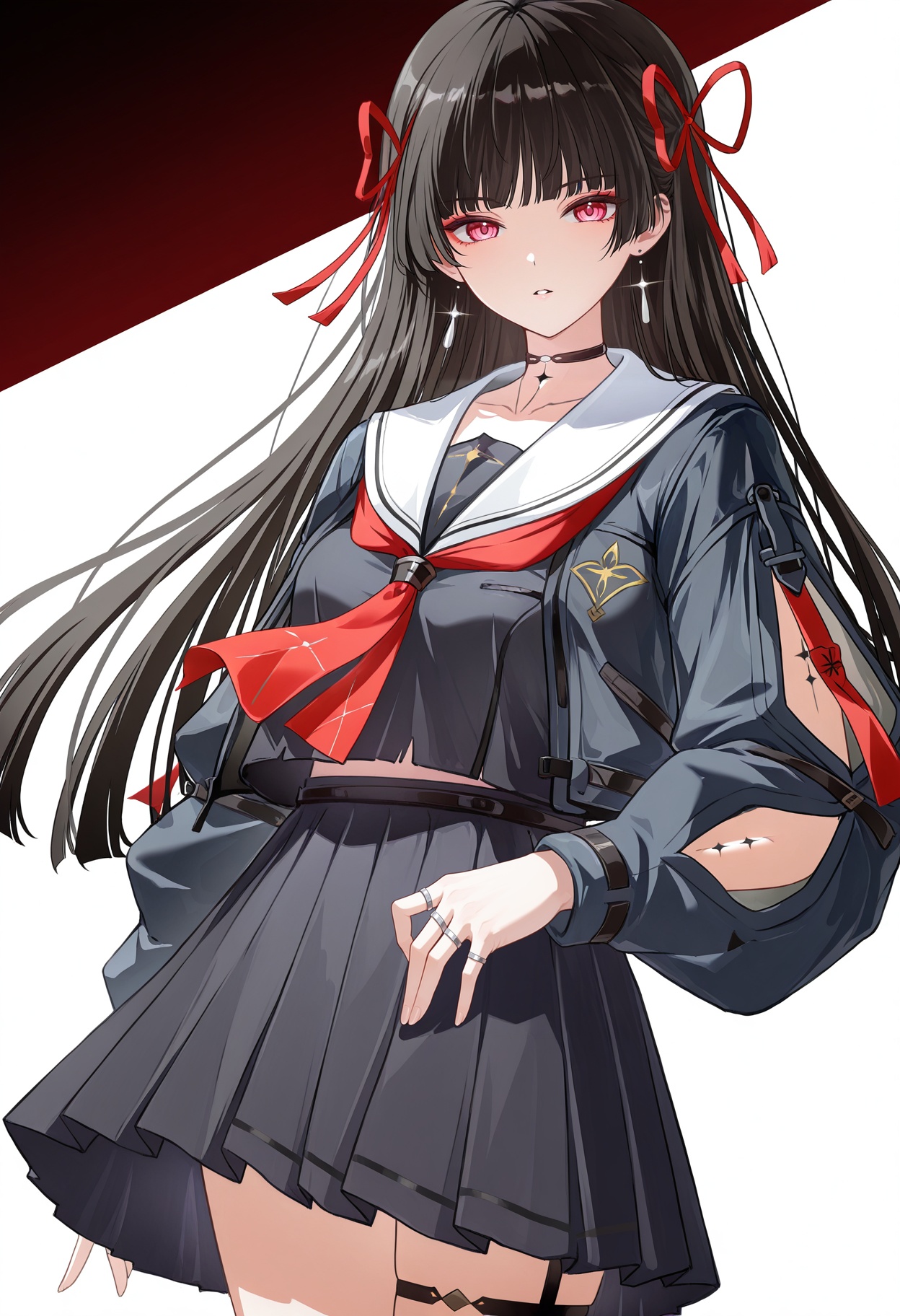 <lora:chisa (wuthering waves)_Illustrious-000128:1>,chisa \(wuthering waves\),solo,skirt,looking at viewer,school uniform,hair ribbon,ribbon,white ring,black serafuku,pleated skirt,choker,black skirt,parted lips,sailor collar,long sleeves,red ribbon,jewelry,blunt bangs,shirt,red neckerchief,black shirt,cowboy shot,black choker,white sailor collar,jacket,white_background,thigh strap,cowboy_shot,front view,