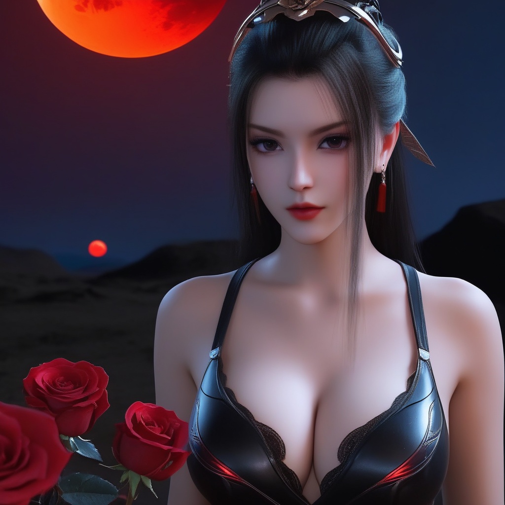 <lora:835-DA-XL-晏琉璃-婚服:0.8>, (,1girl, ,best quality, ),,  ,,ultra realistic 8k cg,, ,masterpiece, (( , )),, ,science fiction,mole, ,    ,red moon, black rose,     (cleavage),,  (),