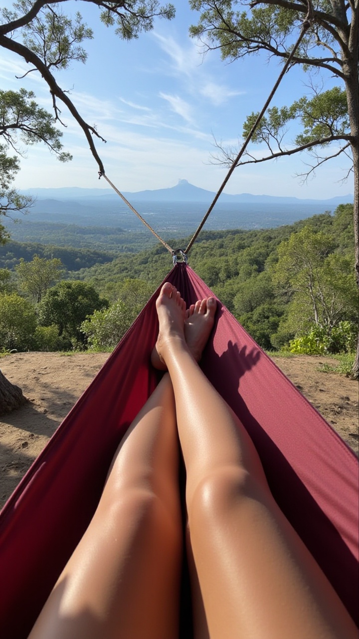 aidmaFemalePOV,  The image is taken from the perspective of someone lying in a hammock,  feet pointing toward a distant mo...