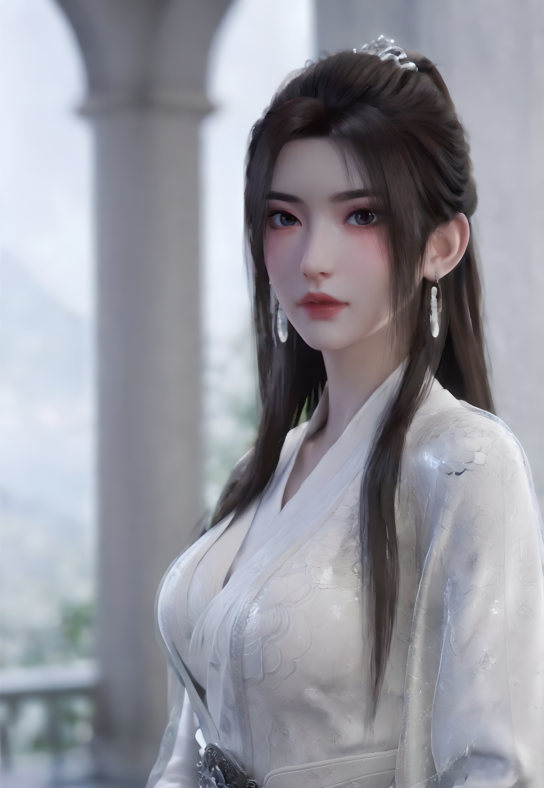 score_9,score_8_up,score_7_up,incredibly absurdres,<lora:SF_FangQingXue_Pony-000005:0.7>,1girl,solo,dress,large breasts,lips,jewelry,earring,long hair,looking at viewer,white background,full_shot,