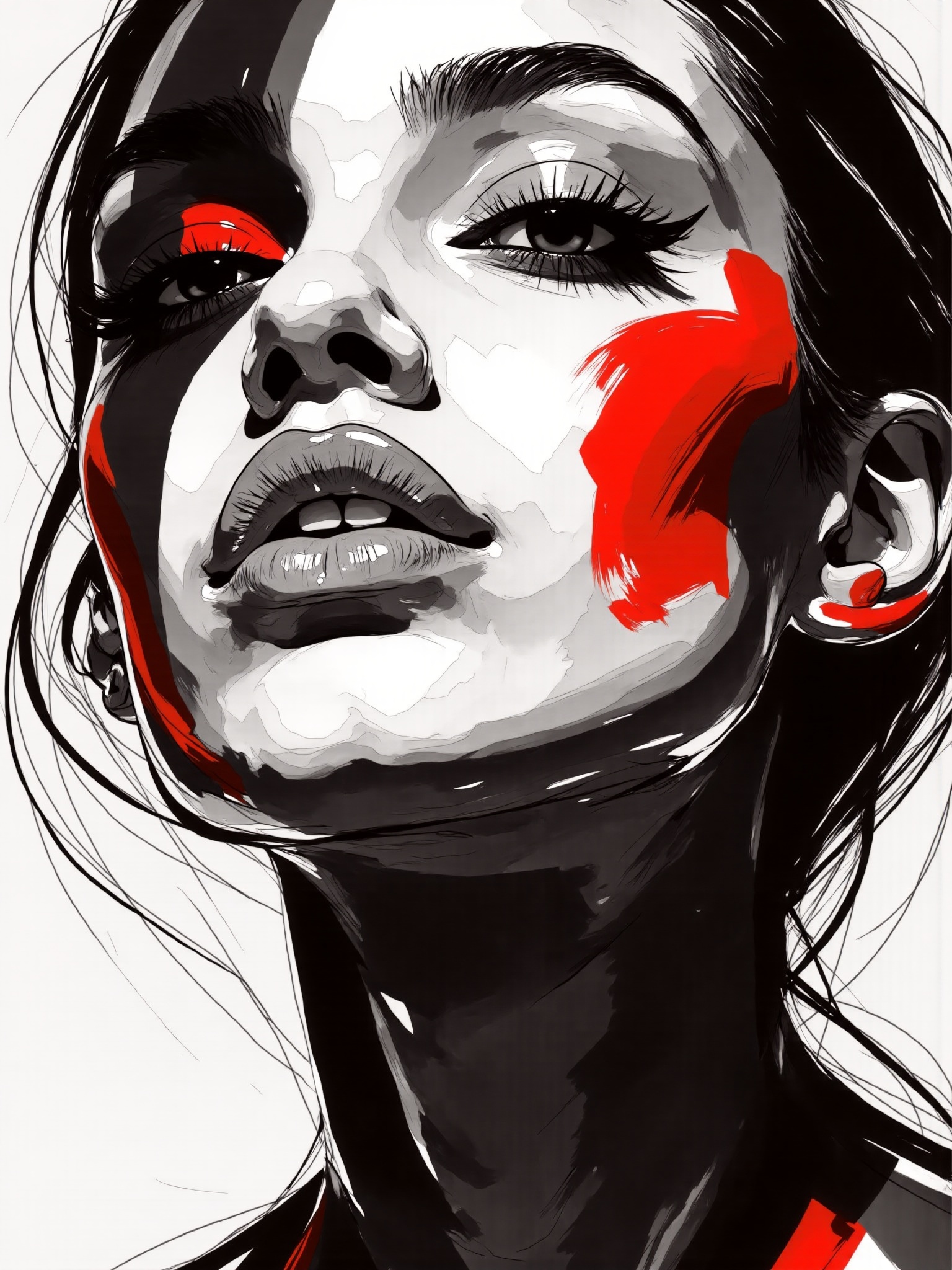 black and white and red mad-mdrnmnmlsm painting of a woman brush_stroke on Tensor.Art