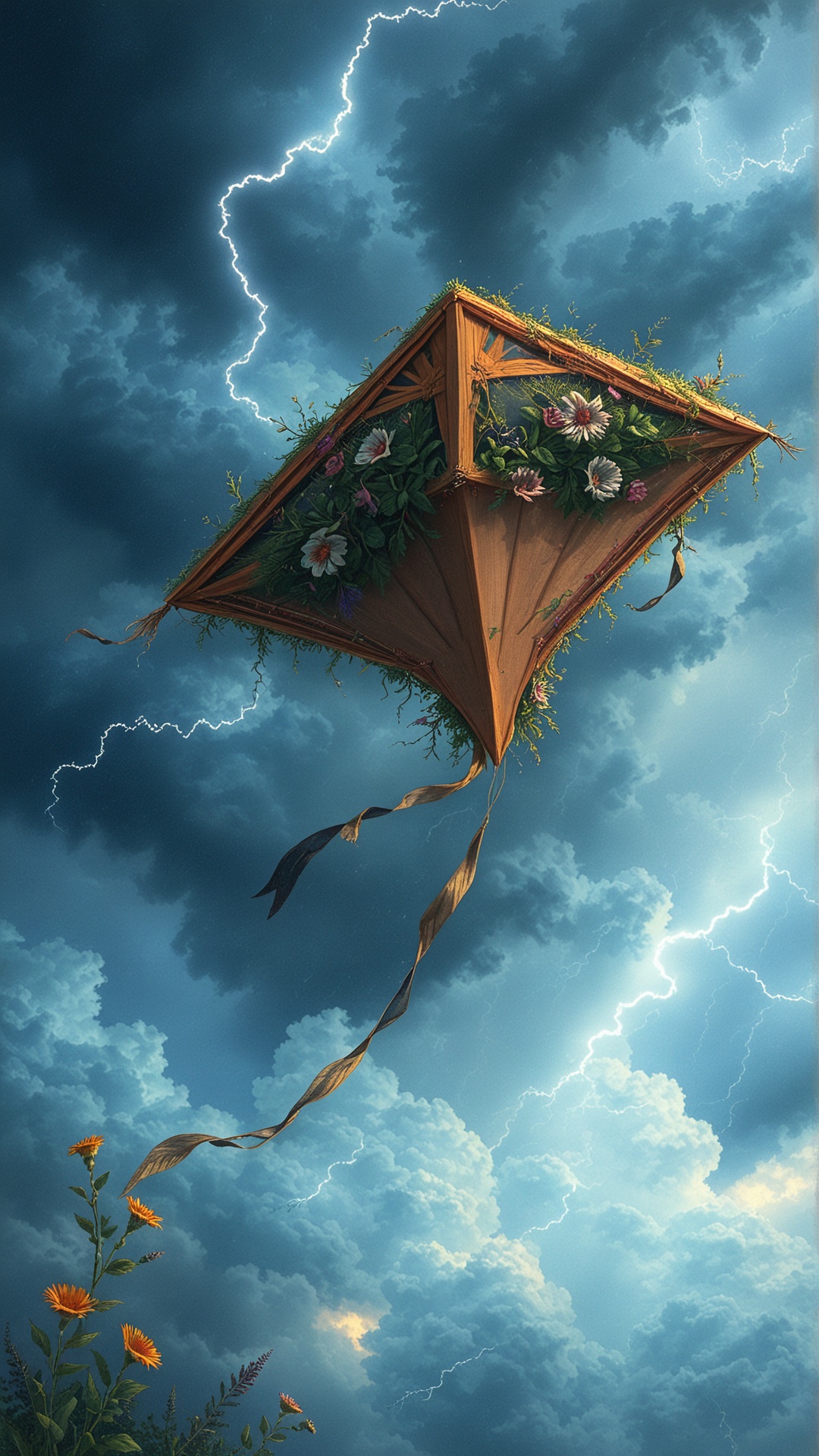 Fl0w3rGr0wnStyle Realistic digital painting of a sentient kite soaring in a stormy sky,  with dynamic clouds,  rain on Ten...