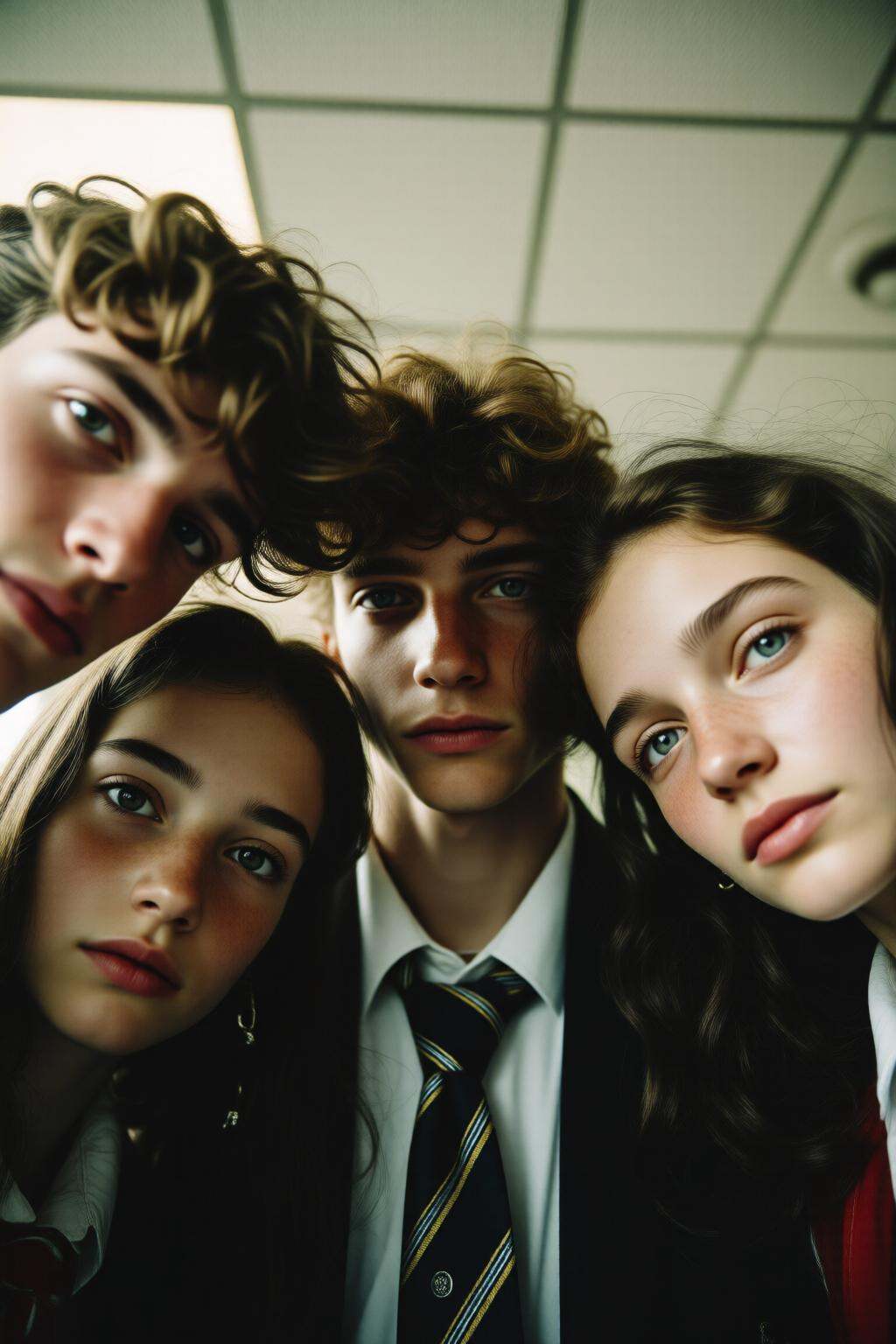 midjourneymix10q photograph.A close-up low-angle shot of three British boys and two girls. They are dressed in formal scho...