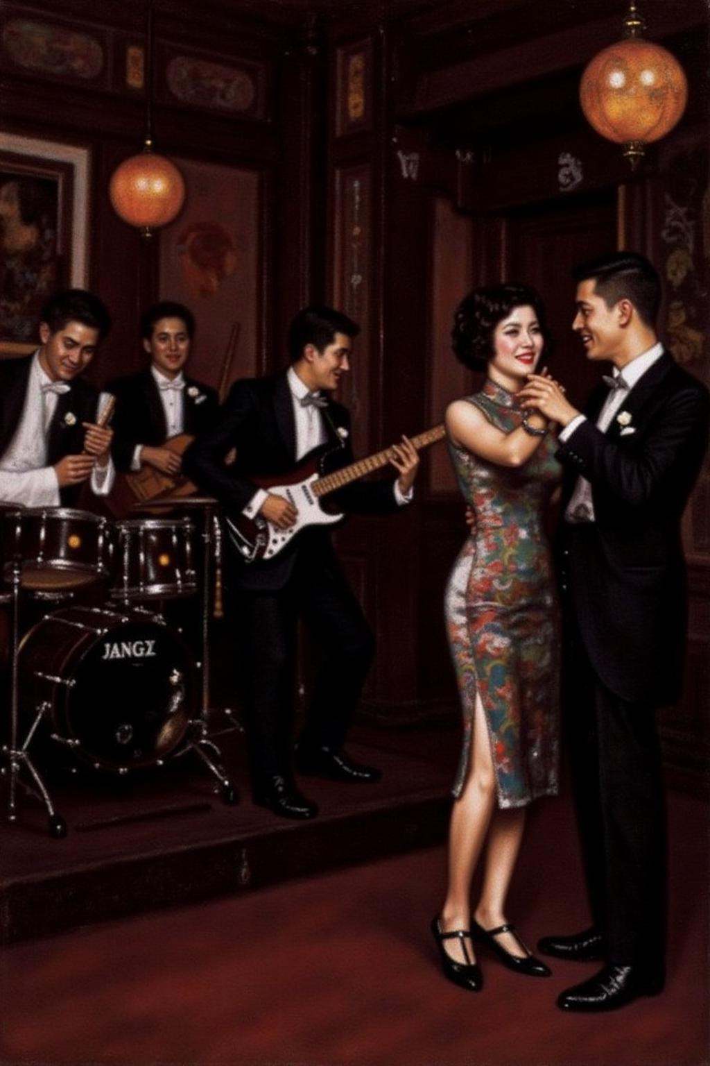 chenyifei2 painting. A scene at a nightclub in Shanghai in the 1930s. On the right,  a woman wearing a traditional cheongs...