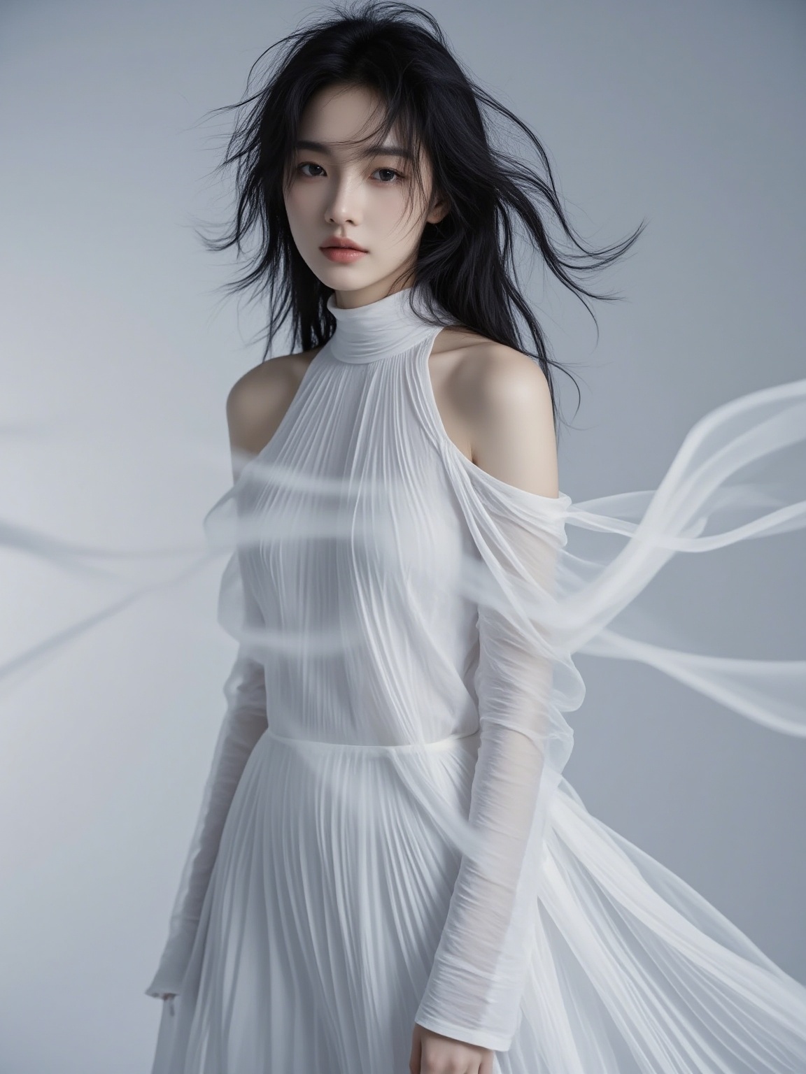 1girl,  This is a high-resolution photograph of a young East Asian woman with an ethereal,  otherworldly appearance. She h...