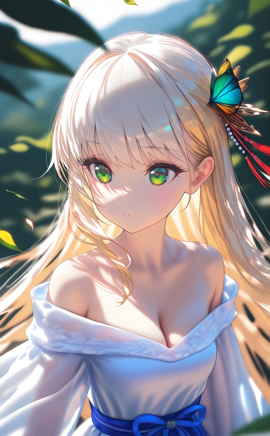 (masterpiece),(best quality),illustration,ultra detailed,hdr,Depth of field,(colorful),loli,1girl,solo,long hair,green eyes,blonde hair,hair ornament,bare shoulders,hanfu,breasts,dress,chinese clothes,white hair,upper body,leaf,bug,cleavage,white dress,