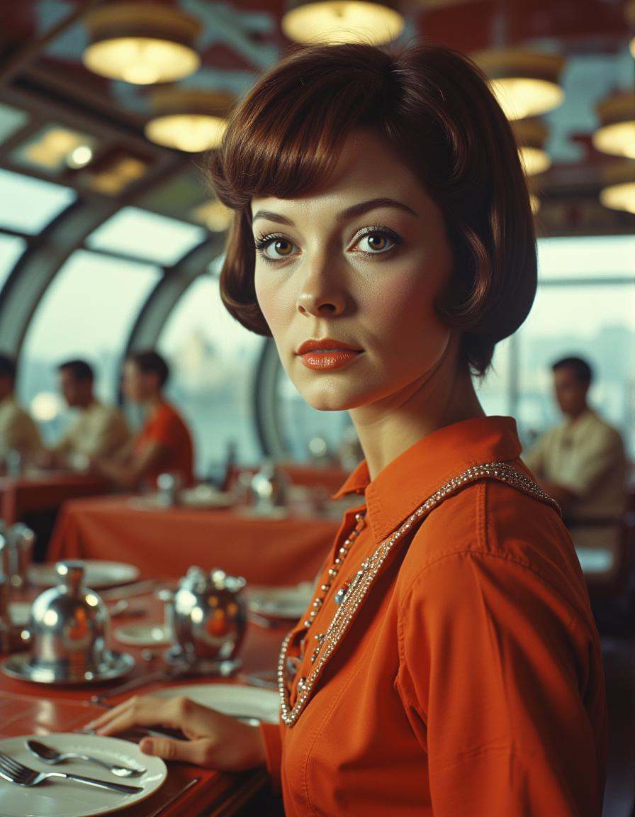 Vintage Sci-fi . a woman in a restaurant of a space ship. she's looking at the camera on Tensor.Art