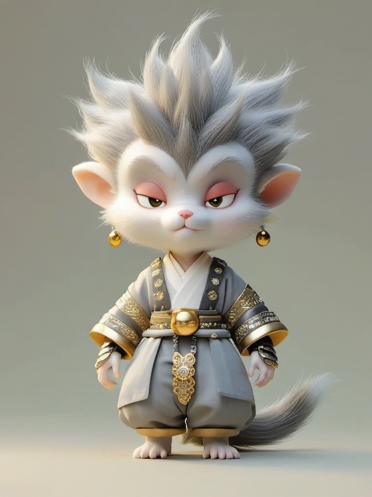manghe,c4d, A super detailed CGI rendering of a small, human-like critter with a fluffy, spiky grey mane and white fur. The creature's got big, droopy eyes and a tiny pink snout. It's rocking a loose, grey kimono-style outfit with fancy golden bling on the sleeves and a belt. Big, gold hoop earrings dangle from its ears. The background is a plain, light beige. The whole thing has a cute, whimsical vibe with a hint of fantasy.,<lora:manghe_v1-000010:0.8>