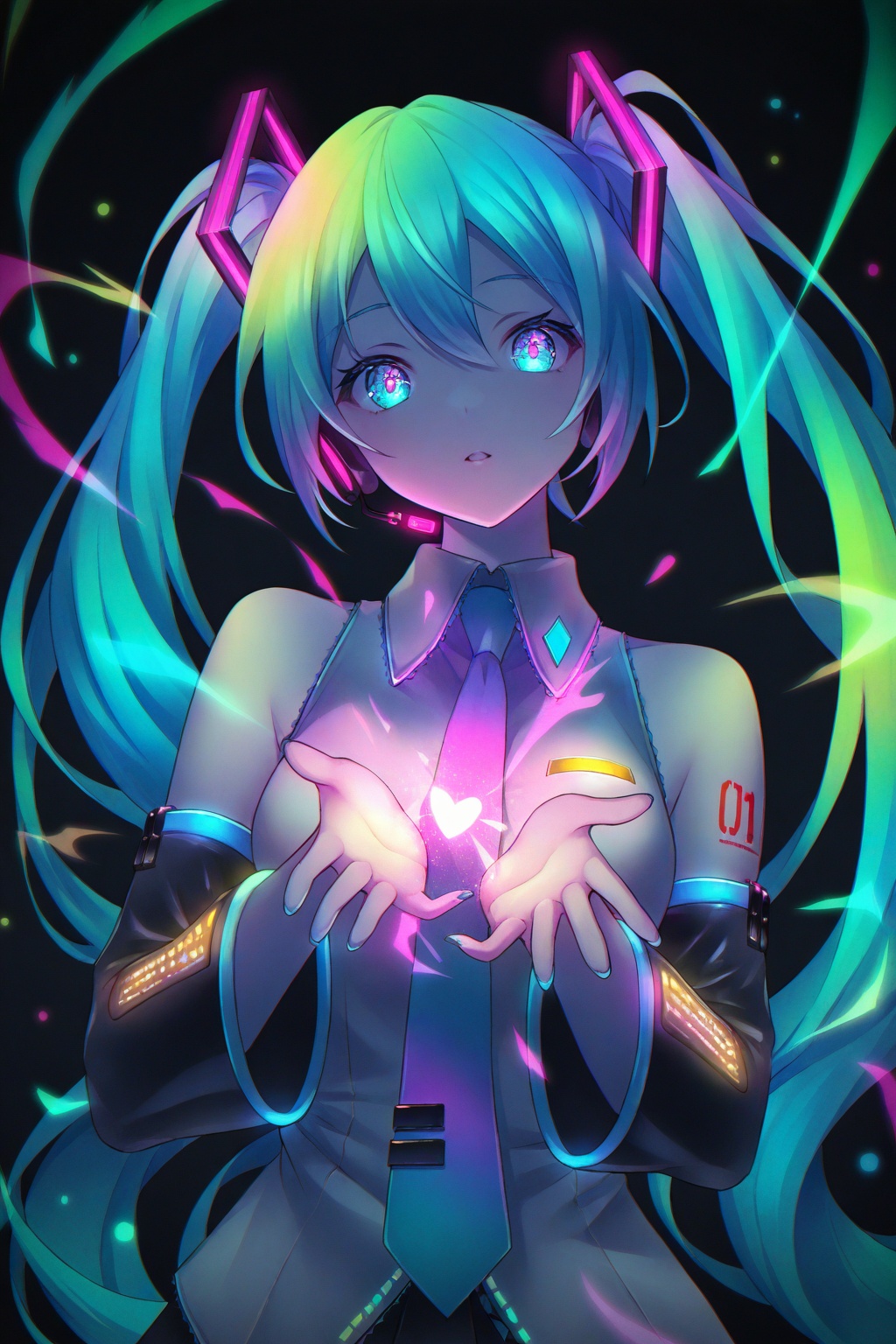 Hatsune Miku,  limited palette,  black background on Tensor.Art