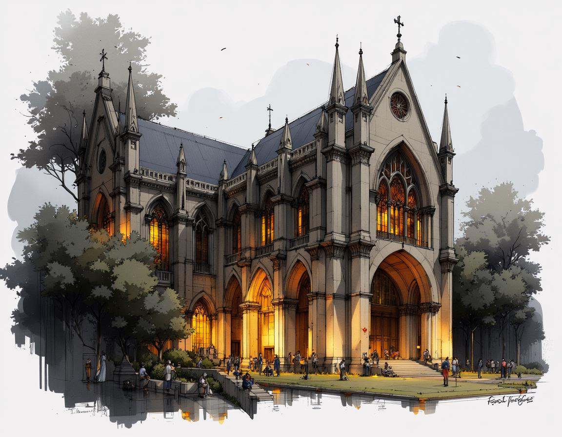 An artistic architectural sketch of a gothic architecture. Masterpiece,  best quality.the site is lit by lighting professi...