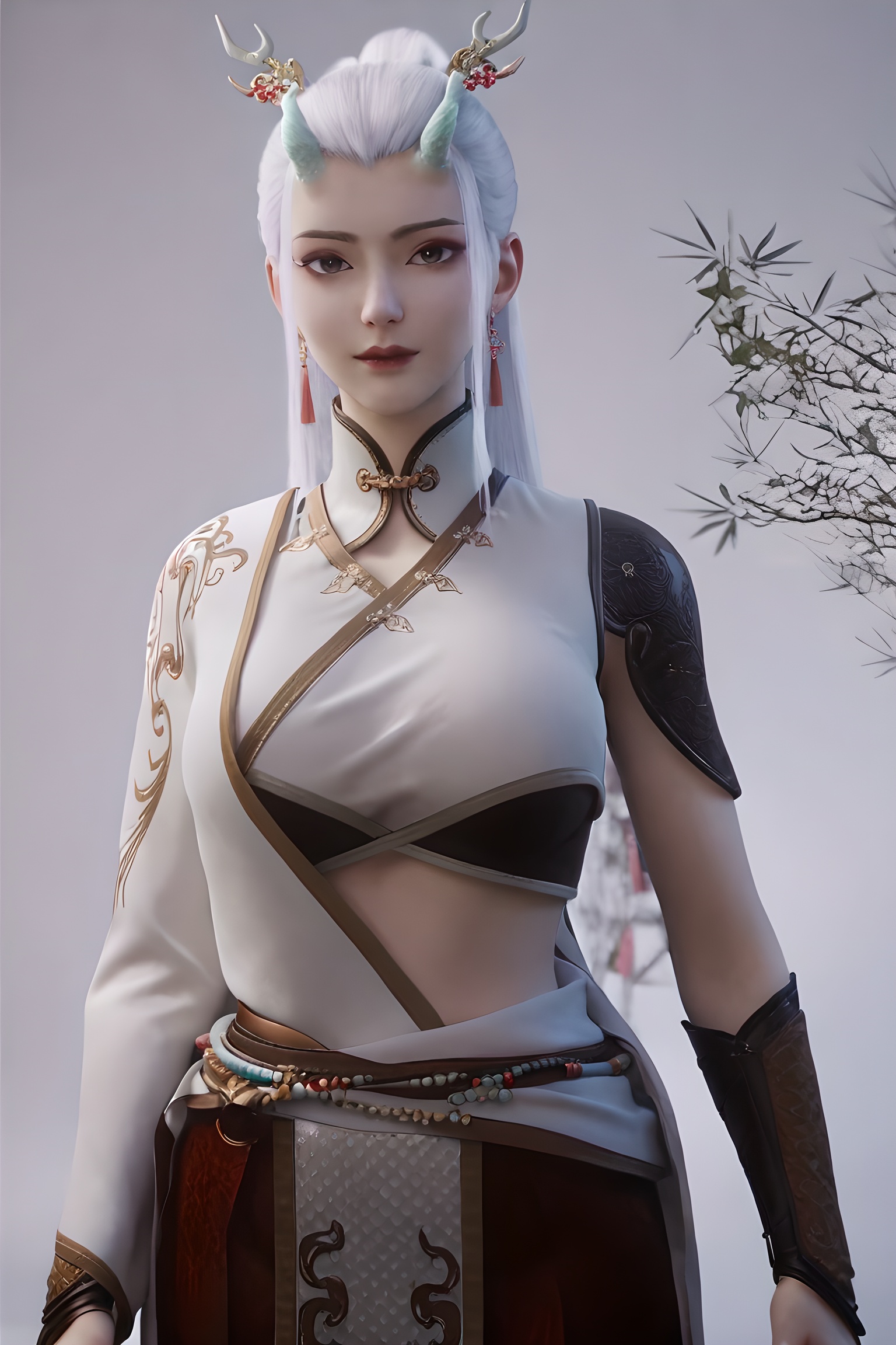 score_9,score_8_up,score_7_up,<lora:SF_LongXuan_Pony-000004:0.7>,1girl,solo,standing,chinese clothes,white hair,breasts,large breasts,red lips,jewelry,hair ornament,earring,looking at viewer,white background,