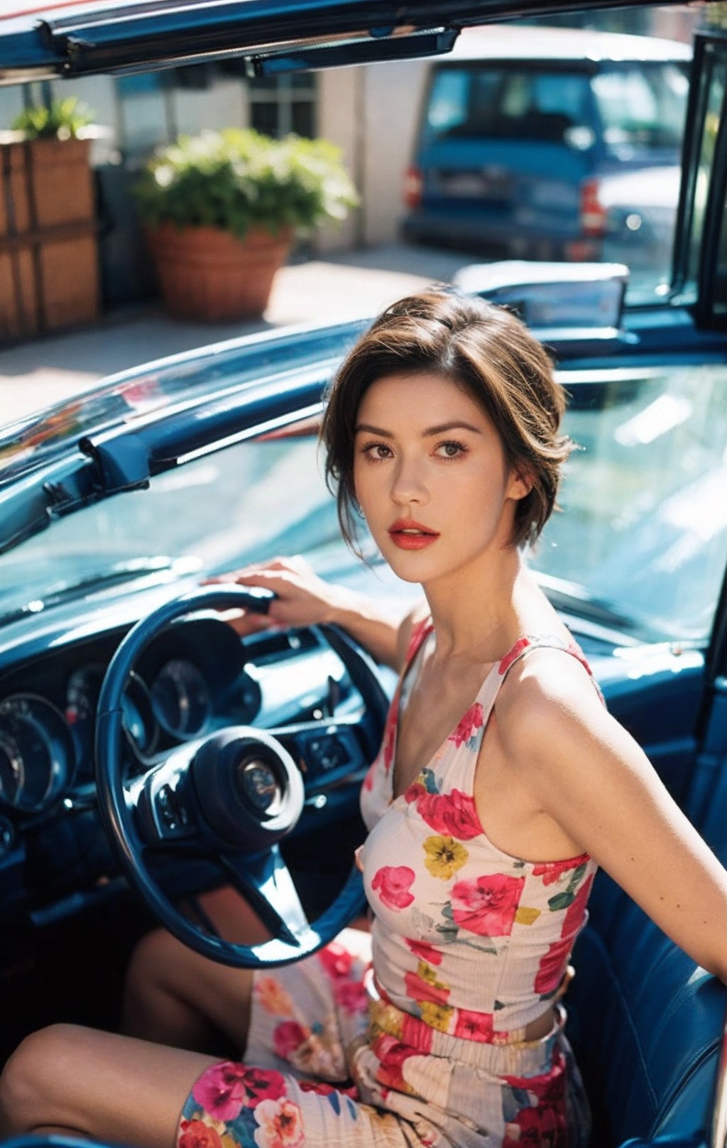 1girl, solo, dress, sitting, brown eyes, brown hair, sleeveless, short hair, lips, ground vehicle, blurry, sleeveless dress, realistic, parted lips, motor vehicle, floral print, looking at viewer, window, bangs