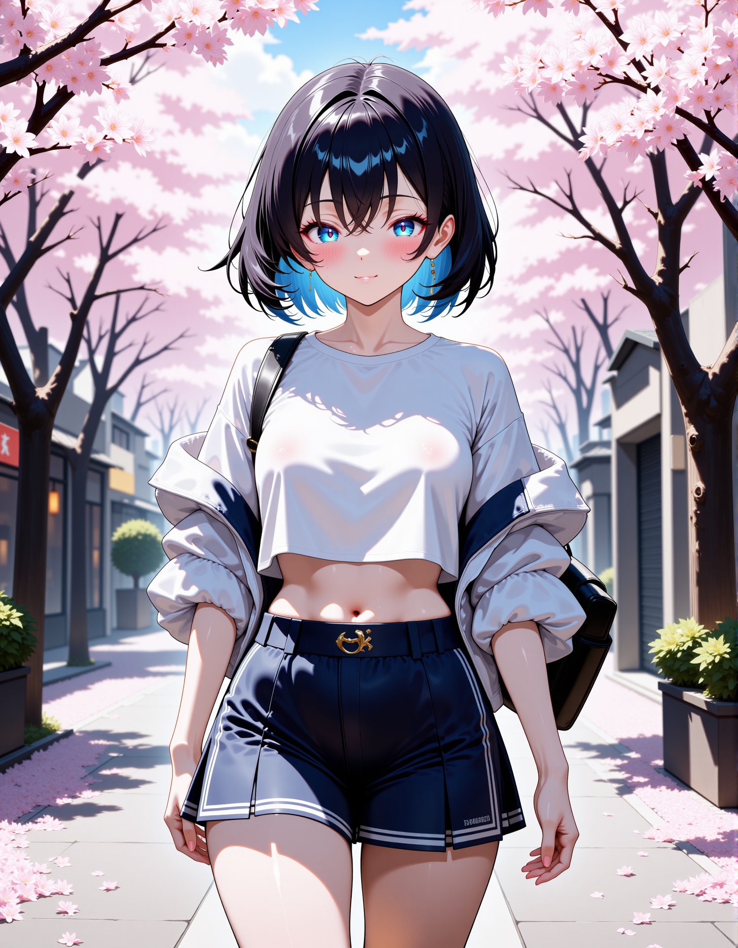 a girl wearing crop top and mini skrit walking on the street where cherry flowers blooms,  masterpiece,  best quality on T...