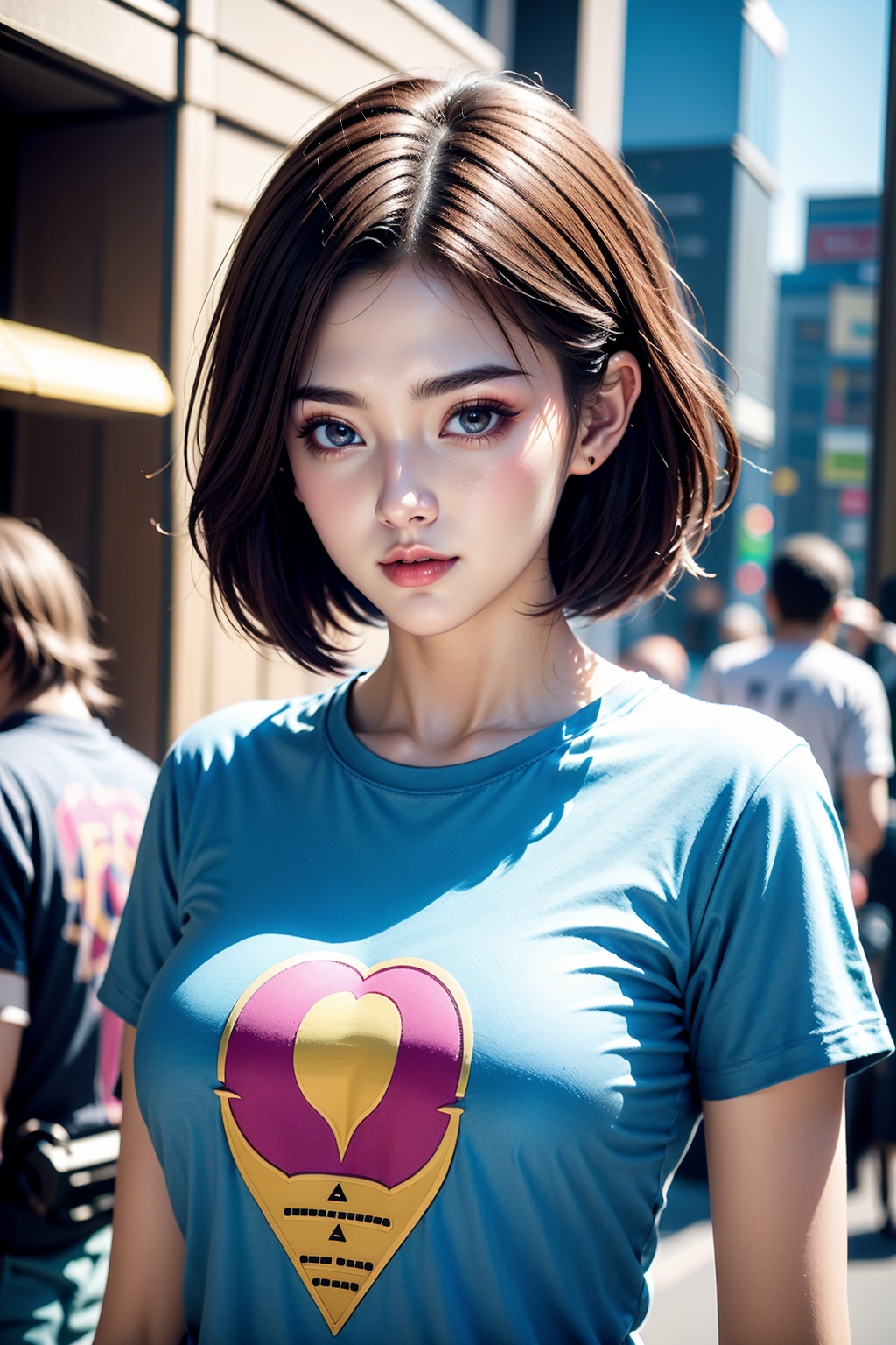 1girl,standing,upper body,(t-shirt:1.2),short hair,facial highlights,pure beauty,