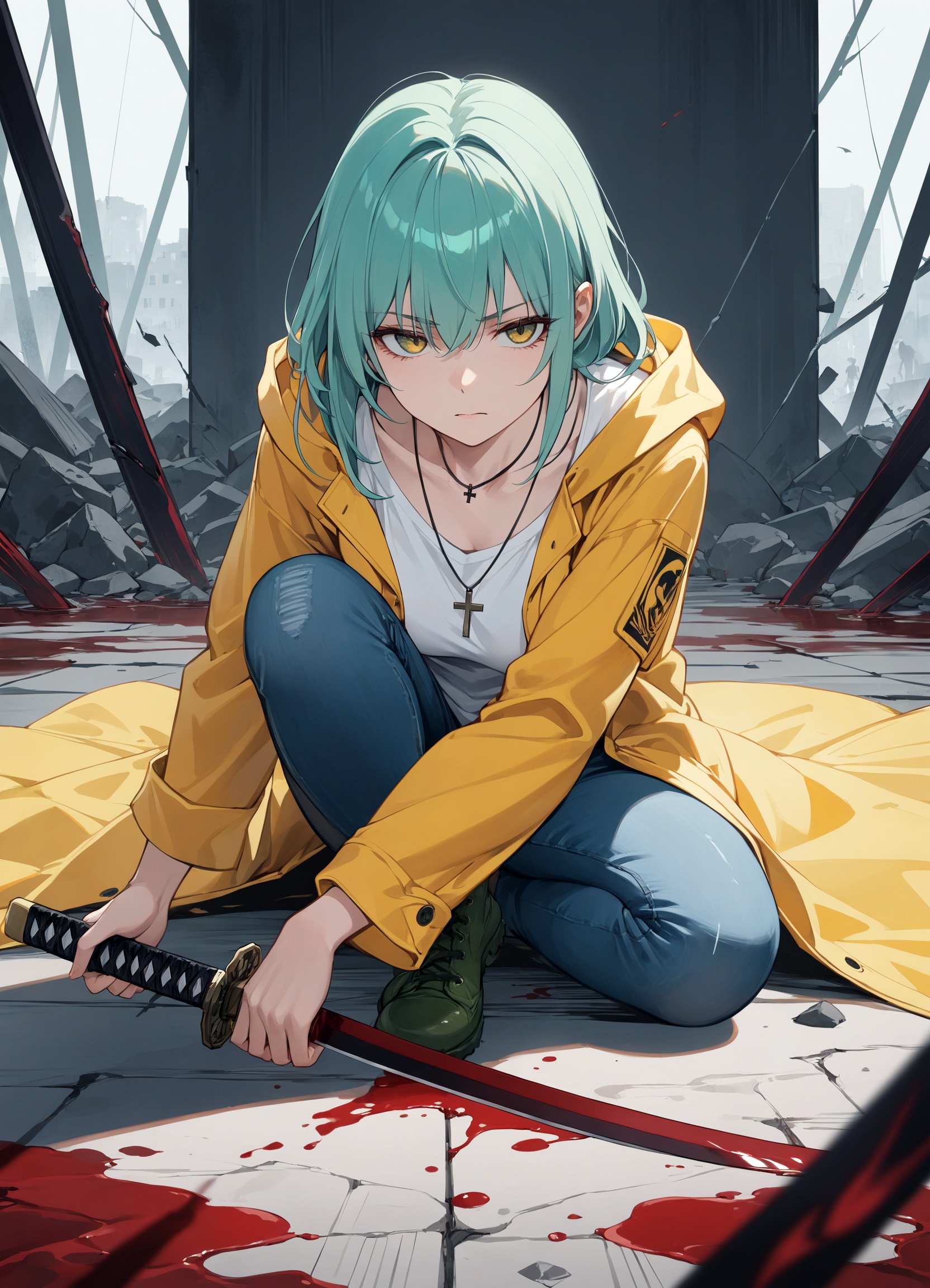 In the background, the body of a dead demon lies on the ground, creating a somber scene. In the foreground, a tough young woman with teal hair stands confidently, holding a katana with a bloodstained tip. She wears a bright yellow raincoat over a white shirt, jeans, and green combat boots. A cross necklace hangs around her neck. Behind her, a defeated red demon sprawls on the ground with a sinister expression, clearly vanquished. Her gaze is intense, exuding determination and strength. The art style is detailed, with clean lines and a muted background, emphasizing her as the focus. The composition is a front view, highlighting the woman's formidable presence