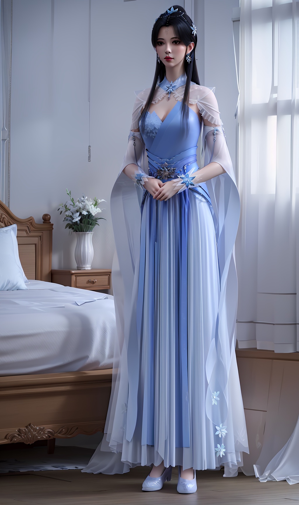 3D,masterpiece,(best quality),(makeup),official art, extremely detailed cg 8k wallpaper,((crystalstexture skin)), (extremely delicate and beautiful),(highly detailed),(face),(tiara),headpiece,(collar),(hair_flower),(1girl), (solo), (jewelry), (earrings),(black_hair),(long_hair),(hair_ornament),(handwear),(breasts),(standing),((full_body,whole_body)),(closed_mouth),(long_dress),(long_skirt),(multicolored_clothes),(multicolored_dress),(shiny_clothes),(city,indoor,bed),(gown),(robe),(sash),(long_legs),,((looking_at_viewer)),((Facing the camera)),(shoes),(blue_footwear),, <lora:hipoly3DModelLora_v10:0.3>