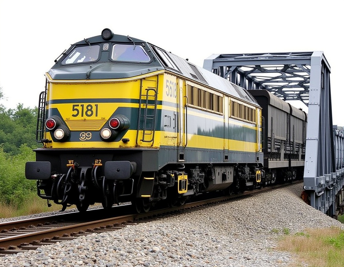 A freight train,  yellow and gray diesel locomotive,  moving across a railway bridge. The locomotive is prominently featur...