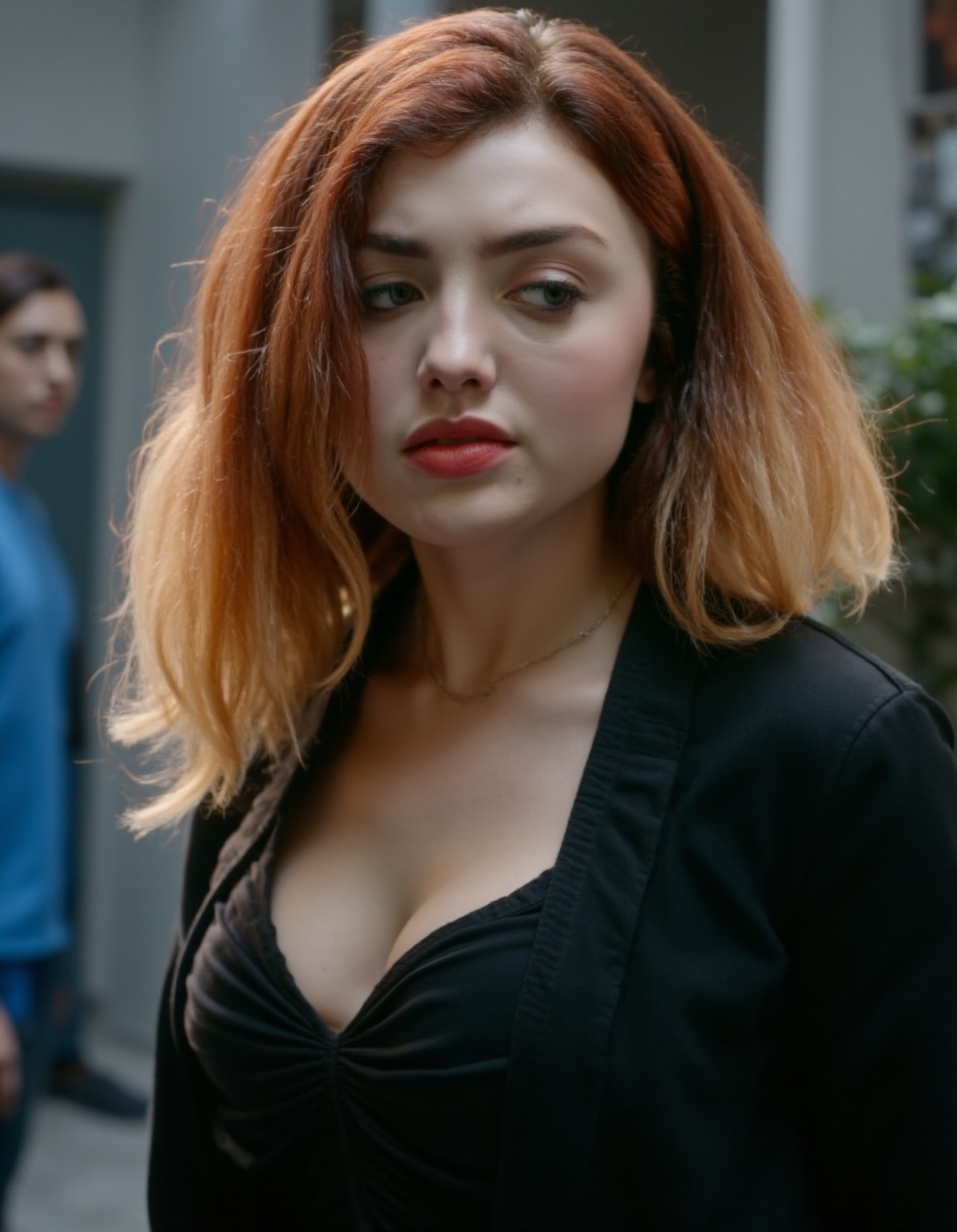 This image is a photograph featuring a woman with striking red hair styled in voluminous,  curly waves. She has fair skin...
