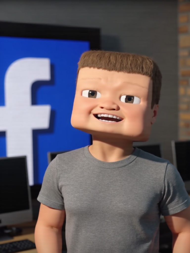 Cubic Mark Zuckerberg with simple face,  blocky grey t-shirt,  standing in front of pixelated Facebook logo on Tensor.Art