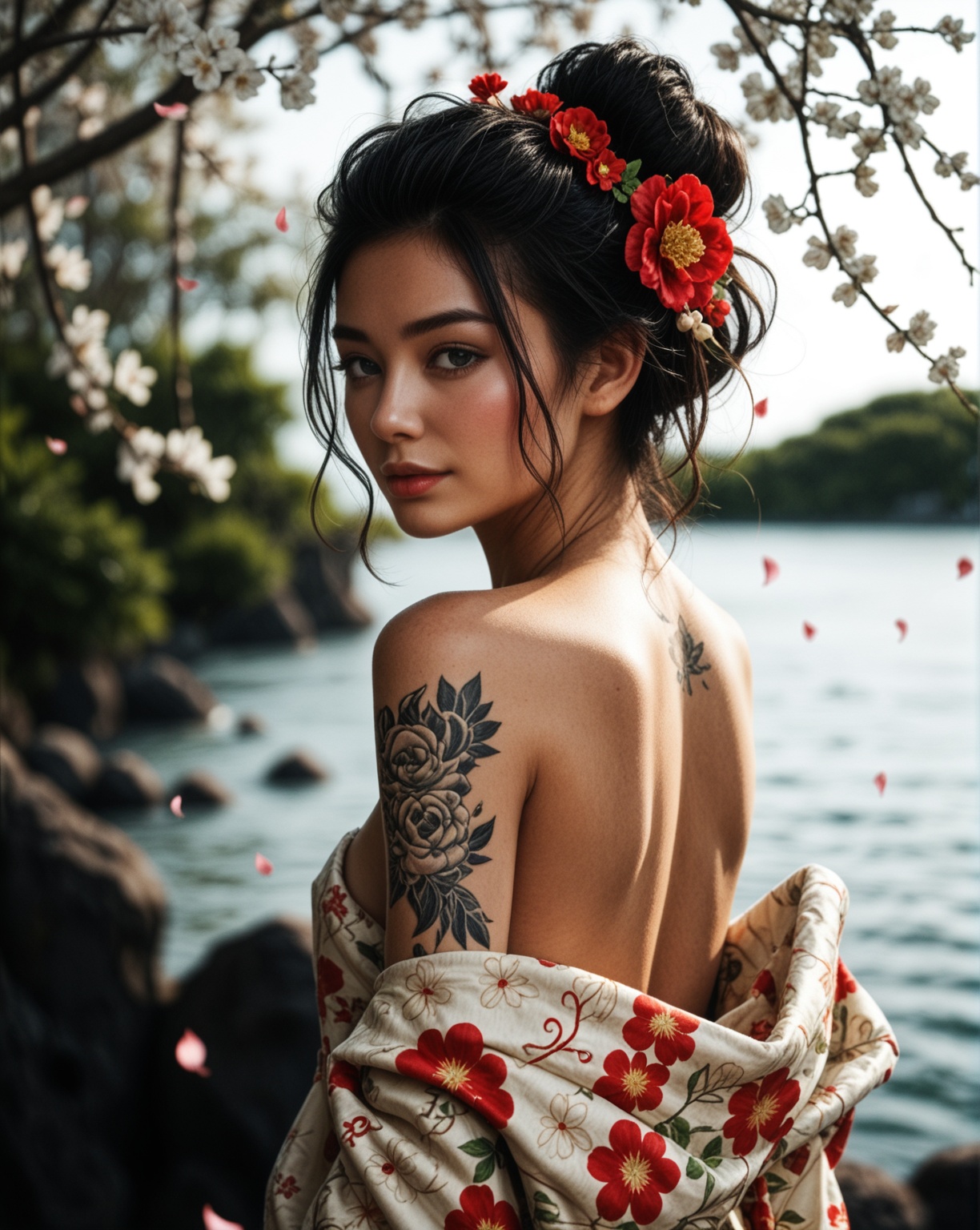 Japanese teenage girl,  floral kimono,  exposed shoulders on Tensor.Art