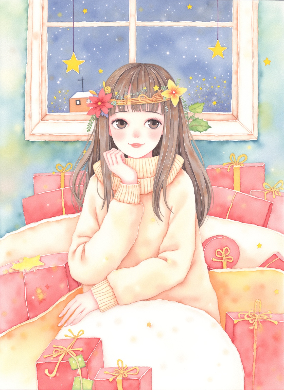 CGArt illustrator,renyu Color spot,renyu Color spot,star and sparkles,best quality,official art,8k wallpaper,highly detailed,illustration,detailed eyes,star and sparkles,cute illustration of girl celebrating Christmas,cozy sweater,decorated room,soft warm colors,sparkles and stars,festive mood,