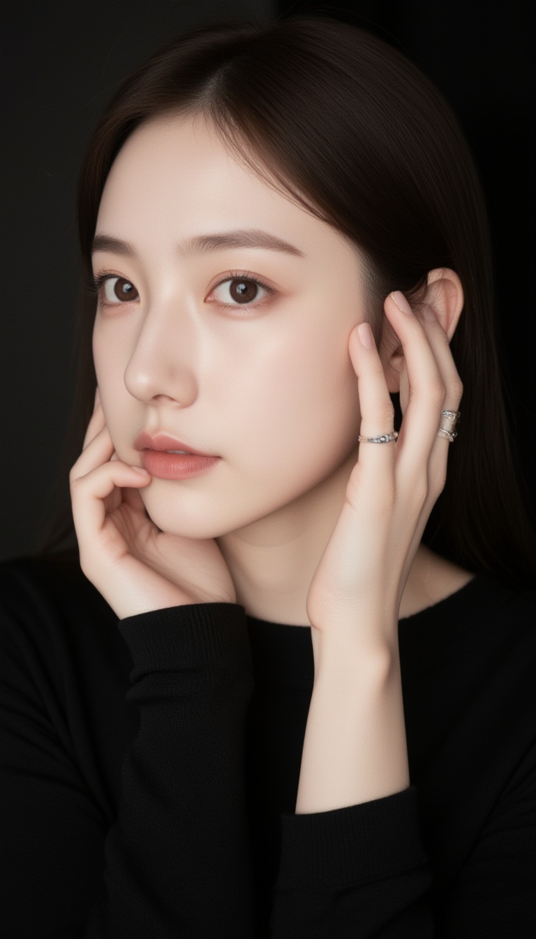 A photograph of a young woman with fair skin and long,  straight dark hair,  styled in a simple on Tensor.Art
