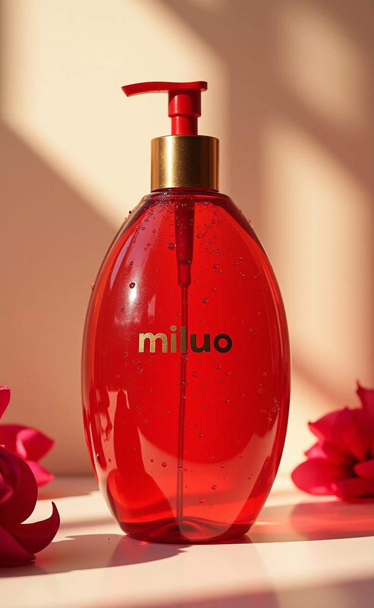 A bottle of red glass shower gel is indoors,with the golden words "miluo" written on the bottle body,water droplets on the bottle body,flowers around,minimalist style,depth of field,light and shadow,sunlight,and shadows,