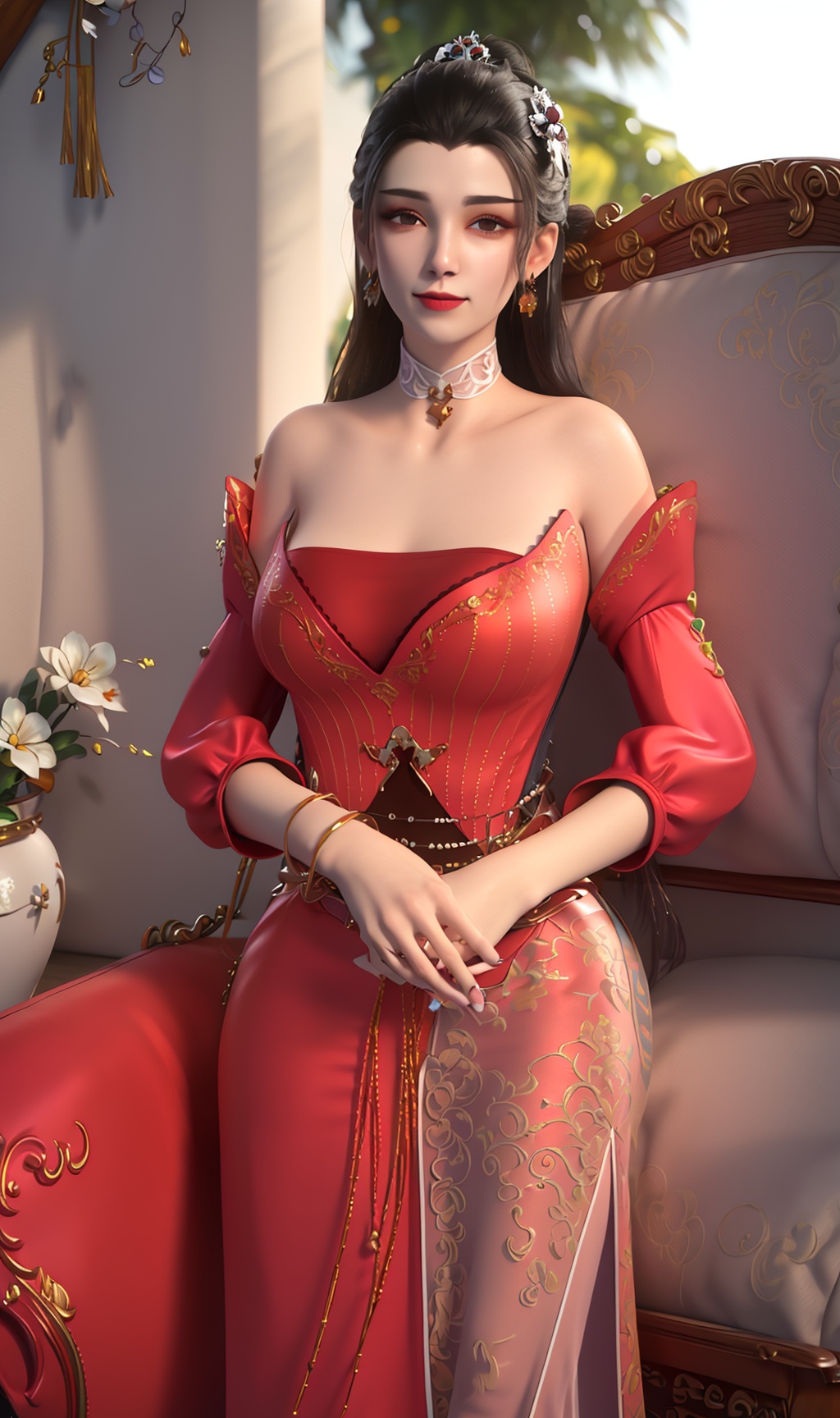 3D,masterpiece,(best quality),(makeup),official art, extremely detailed cg 8k wallpaper,((crystalstexture skin)), (extremely delicate and beautiful),(highly detailed),(1girl), (solo), (jewelry), (earrings),(long_hair),(hair),(hair_ornament),(handwear),(breasts),(standing),,(upper_body),((dress)),(multicolored_clothes),(multicolored_dress),,(collar),((chinese_clothes)),(adapted_costume),((closed_mouth)),(sleeved),,(long_dress),(long_skirt),(bare_shoulder:1.000),(sunshine, outdoor,sofa),((looking_at_viewer)),((Facing the camera)),, <lora:hipoly3DModelLora_v10:0.3>