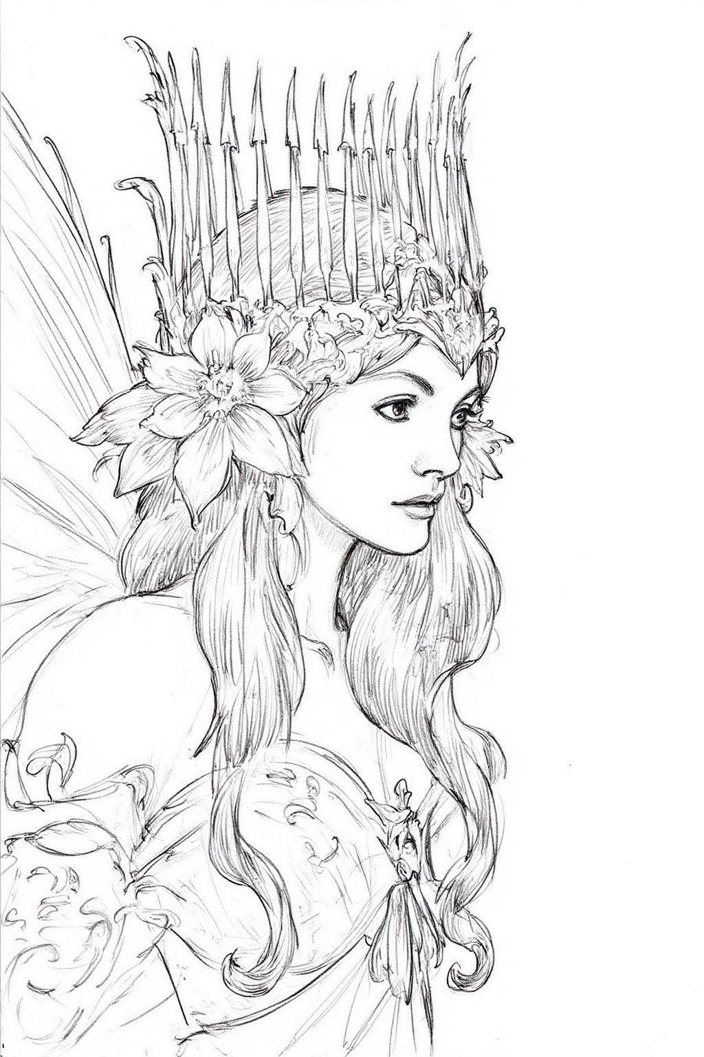 pencil sketch. Portrait of a fairy adorned in intricate,  nature-inspired attire,  including a crown of elongated elements...