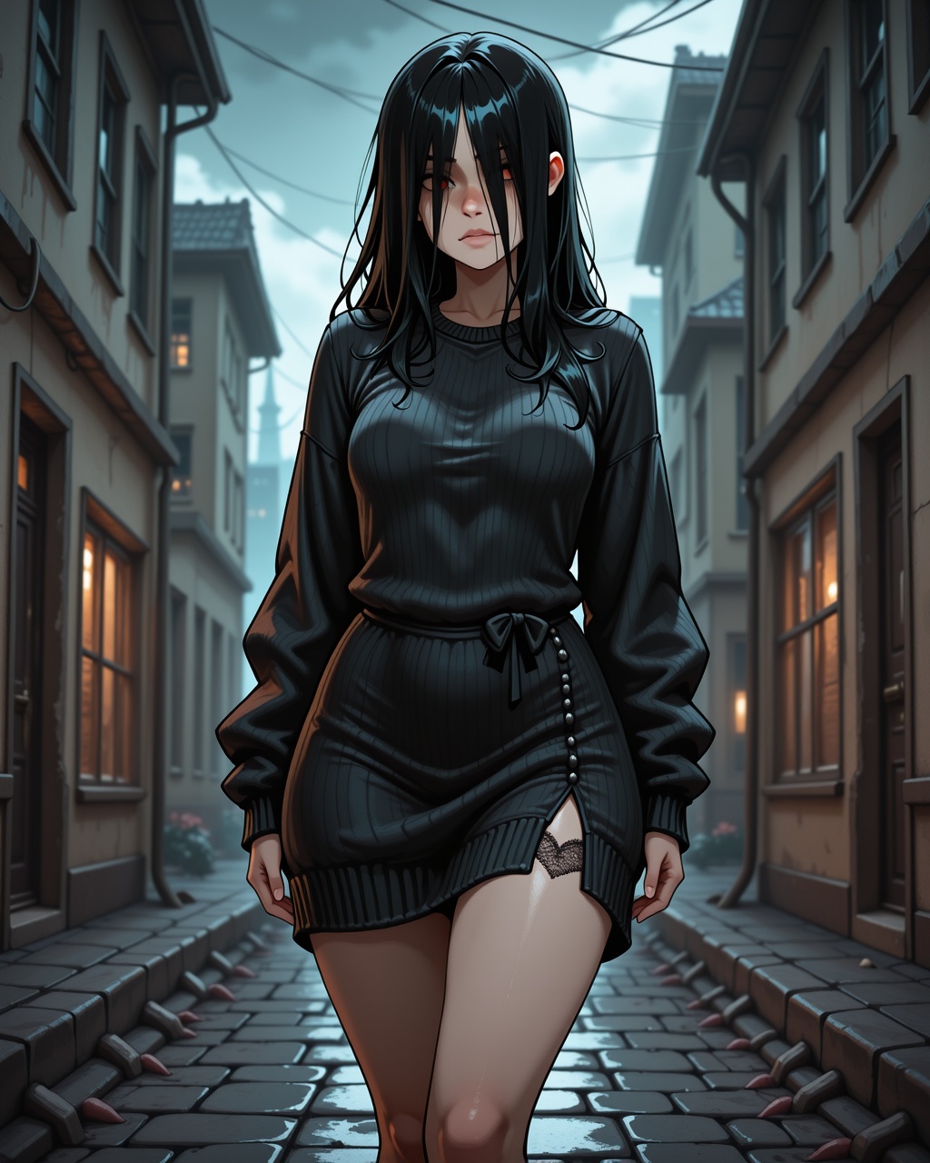 On a cobblestone street under a stormy sky,  her oversized sweater dress clings tightly to her curves in the wind. Her lon...
