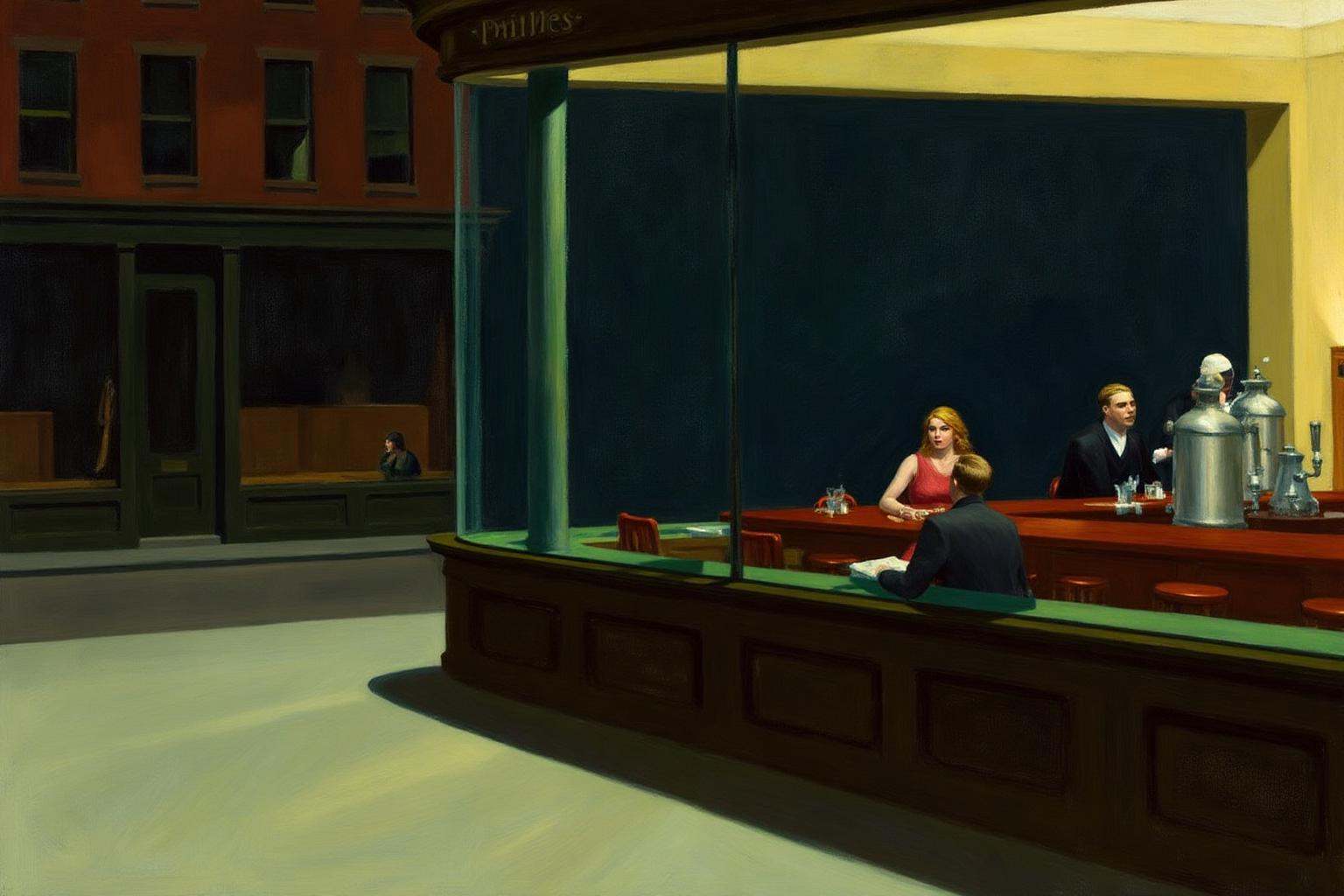 edwardhopper1 painting.A nighttime urban scene features a bar named "Phillies" on a street corner. The bar's large glass w...