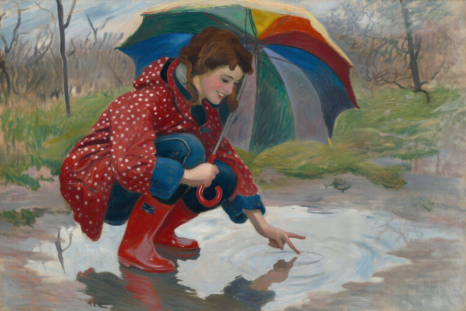 claudemonet2q painting. A young woman,  angled from slightly above and to the right,  crouching low to the ground in a pud...