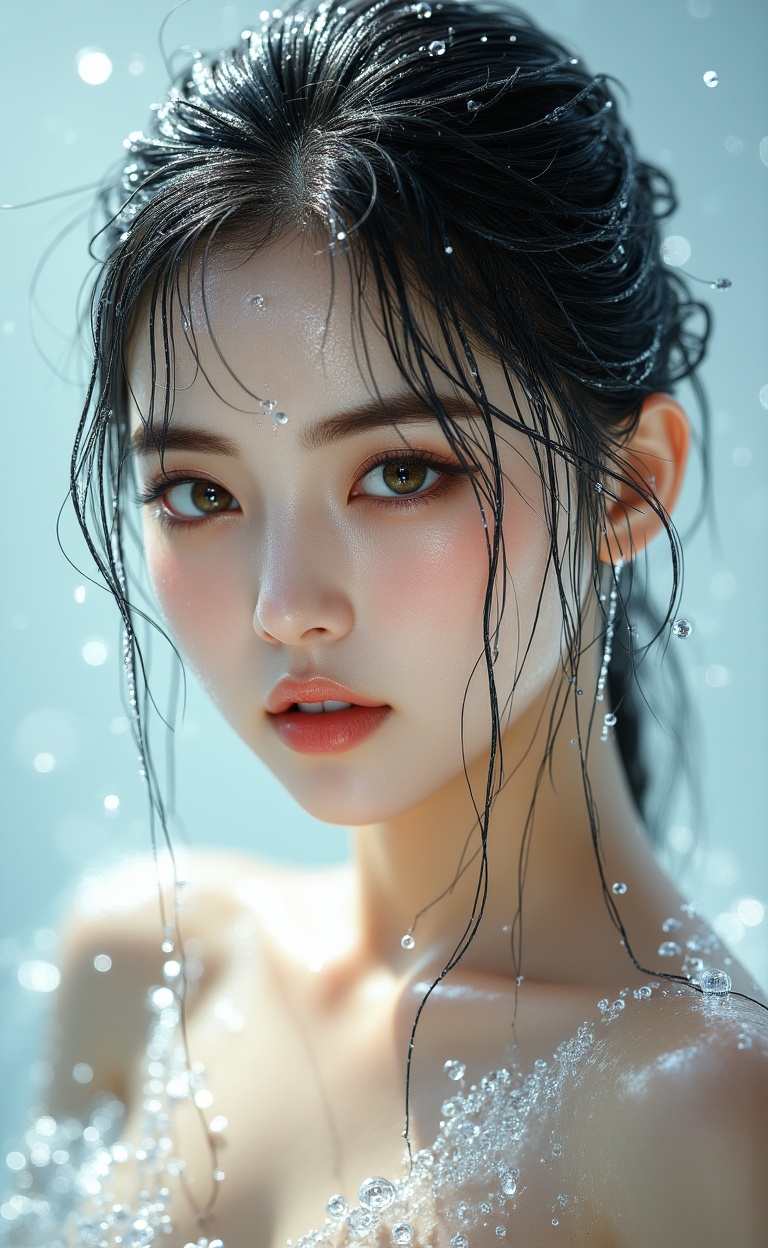 miluo_bx, This image is a highly detailed, hyper-realistic CGI (computer-generated imagery) portrait of a young woman with an ethereal beauty. The subject has fair, flawless skin, accentuated by the wet, glistening texture, suggesting she is either emerging from or standing under water. Her dark, wet hair is slicked back, with droplets clinging to her face and shoulders, enhancing the realism of the scene. Her large, expressive eyes are a captivating shade of green, framed by long, dark lashes and adorned with subtle, natural makeup. Her full lips are painted with a soft pink hue, and her slightly parted mouth reveals a hint of her white teeth.The background is a gradient of soft blues and whites, likely representing water or a reflective surface, which adds to the wet and fresh aesthetic. The lighting is soft yet bright, highlighting the contours of her face and creating a halo effect around her. The overall composition and realism of the image suggest a high level of artistic skill and attention to detail, typical of modern digital artistry. The image evokes a sense of purity, freshness, and serene beauty..<lora:米洛-冰雪奇缘-flux-12.7:1>