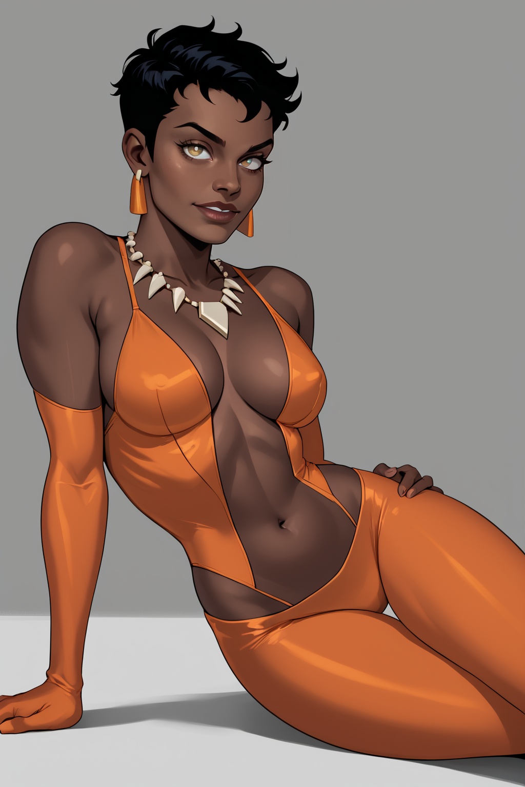 DC_Comics_Vixen BREAK very dark skin BREAK orange sleeveless bodysuit BREAK very short hair,  black hair BREAK elbow glove...