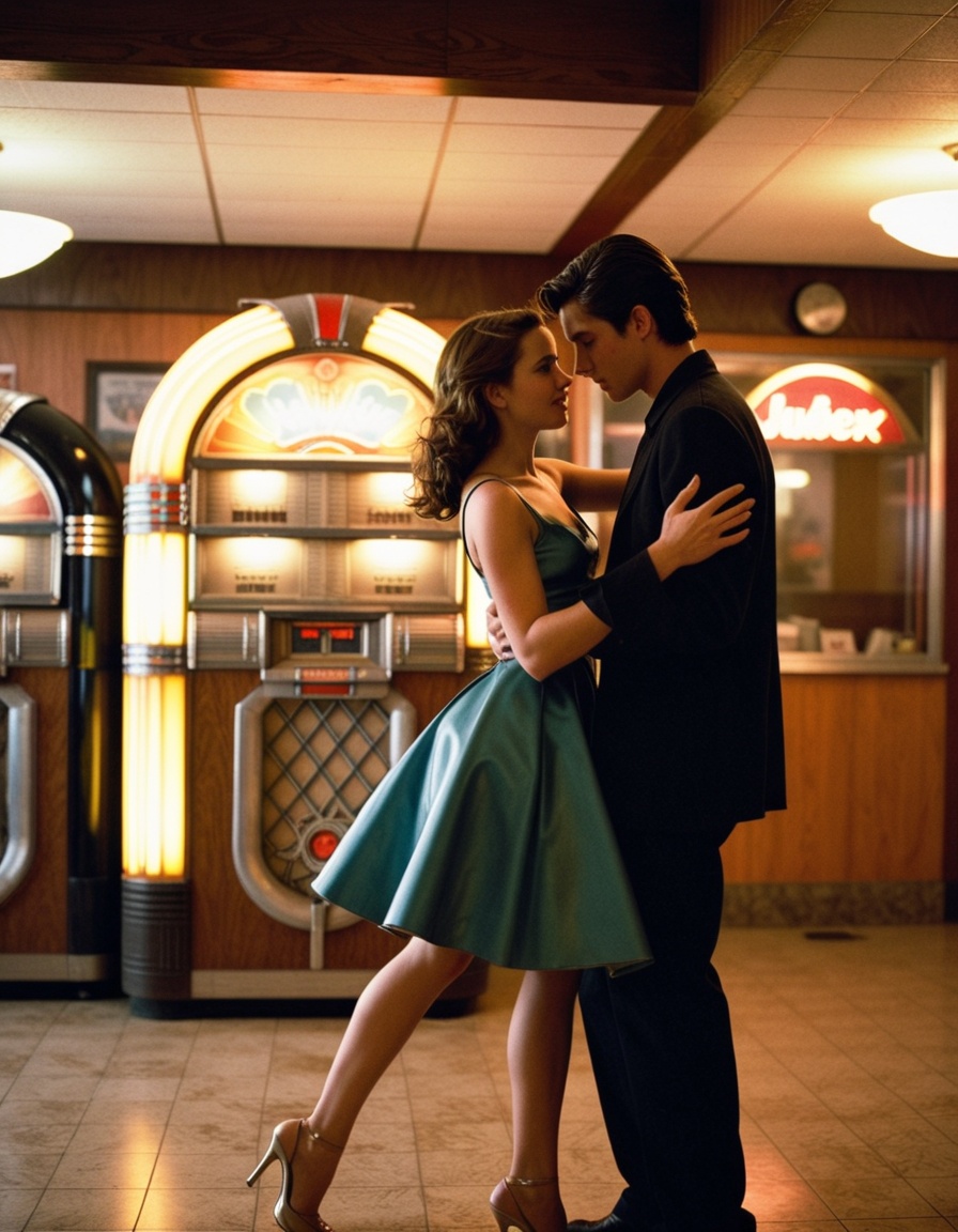 A young couple dances in an empty diner as an old jukebox plays softly,  AwardWinningPhotography on Tensor.Art