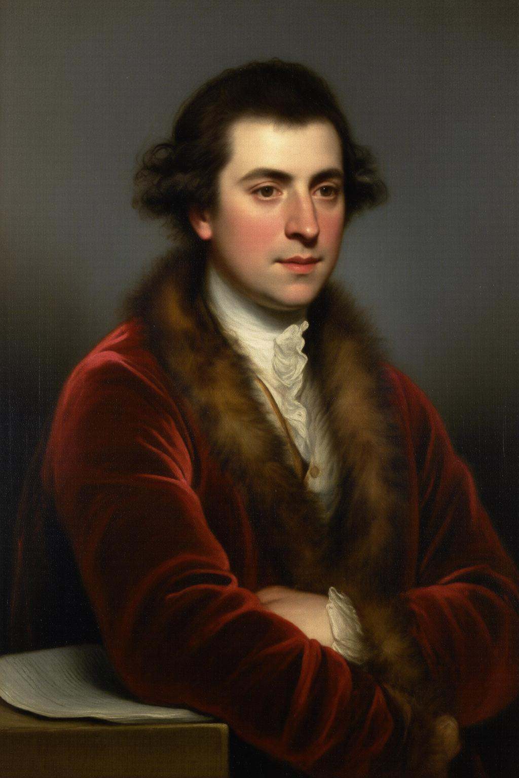 joshuareynolds2q painting.A man from the 18th century. He is looking slightly to the right. He has short,  dark,  slightly...