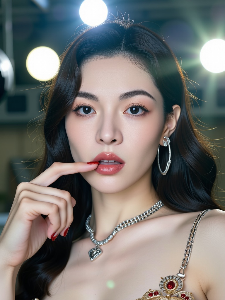 There are wonderful studio lights and various reflections,  her detailed pale skin is naturally showing the texture of blo...