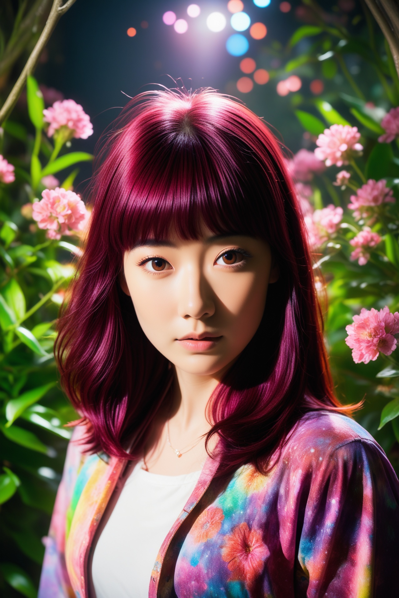 A gorgeous woman with shoulder-length maroon hair and stylish bangs. The lighting is a combination of gel lights that cast...