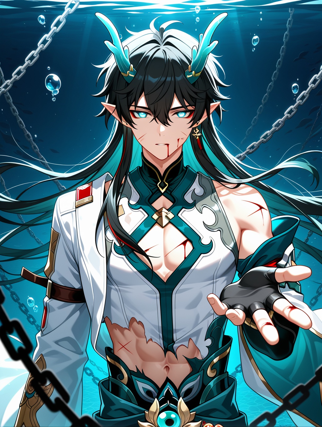 1boy, male focus, dan heng \(honkai: star rail\), dan heng \(imbibitor lunae\) \(honkai: star rail\), honkai: star rail, honkai \(series\),abs, air bubble, bishounen, black hair, blood, blood from mouth, blue eyes, bubble, chain, chained, cuts, dragon boy, dragon horns, earrings, fingerless gloves, gloves, glowing, glowing eyes, hair between eyes, horns, injury, jewelry, long hair, looking at viewer, navel, pointy ears, reaching, reaching towards viewer, solo, toned, toned male, torn clothes, underwater, upper body, detached sleeves, long sleeves, green horns, green eyes, bleeding, red eyeliner, makeup, chinese clothes, bare shoulders, water, pectorals, black gloves, blood on face, outstretched hand, dragon install,masterpiece,best quality,amazing quality,