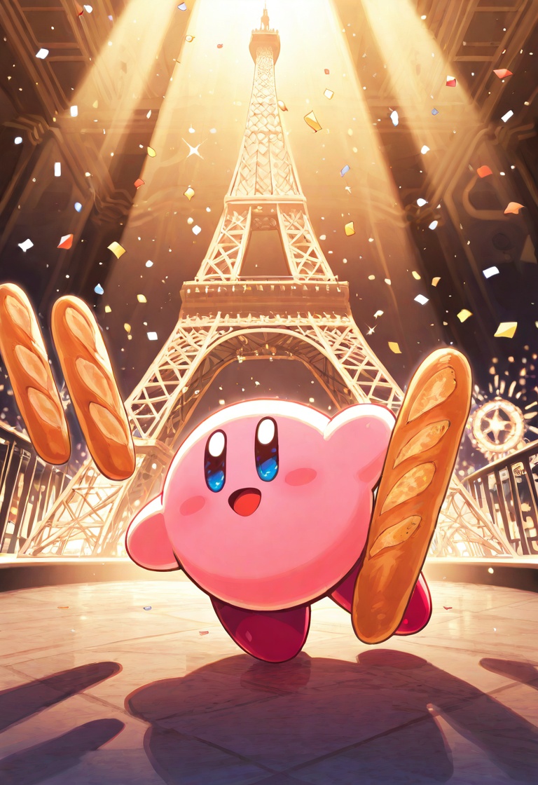 action freeze frame,  Kirby poledancing_eiffel_tower,  comedy_spotlight_effect on Tensor.Art