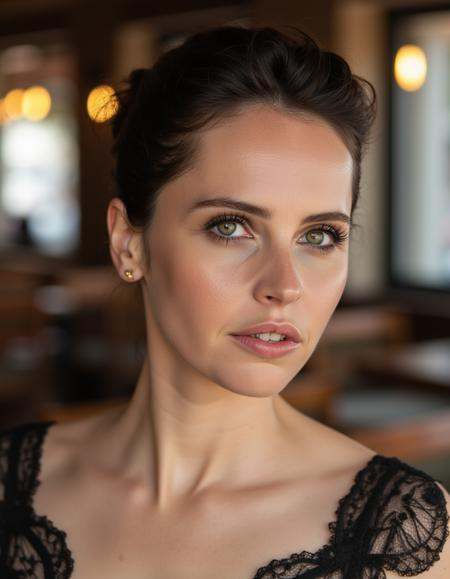 The image is a high-resolution photograph of a woman with a fair complexion,  Her dark brown hair is styled back,  sophist...