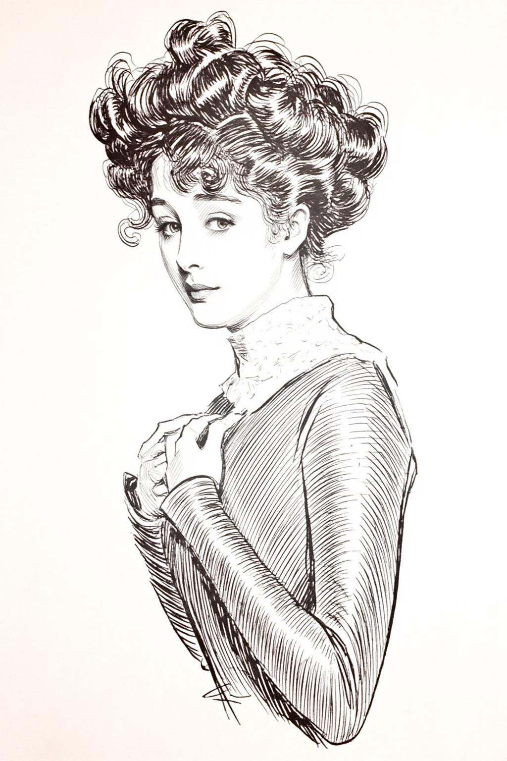 charlesdgibson1 color illustration.A young woman is portrayed in profile,  with her head turned slightly to the side,  giv...