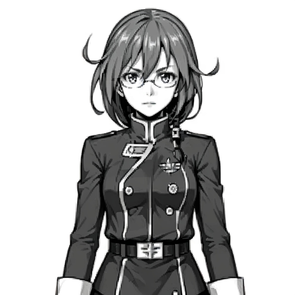 (masterpiece:1.3),(the best quality:1.2),(super fine illustrations:1.2),(Masterpiece),high quality,high detail,(white background:1.2),looking at viewer,(SOLO:1.4),outline,simple background,upper body, cowboy shot,looking at viewer,(((arms at side))),1girl,  mangaver, glasses, 1girl, solo, monochrome, greyscale, uniform, bangs, hair between eyes, fu hua, pantyhose, military, military uniform, female admiral \(kancolle\), adjusting eyewear<lora:test2:0.8>