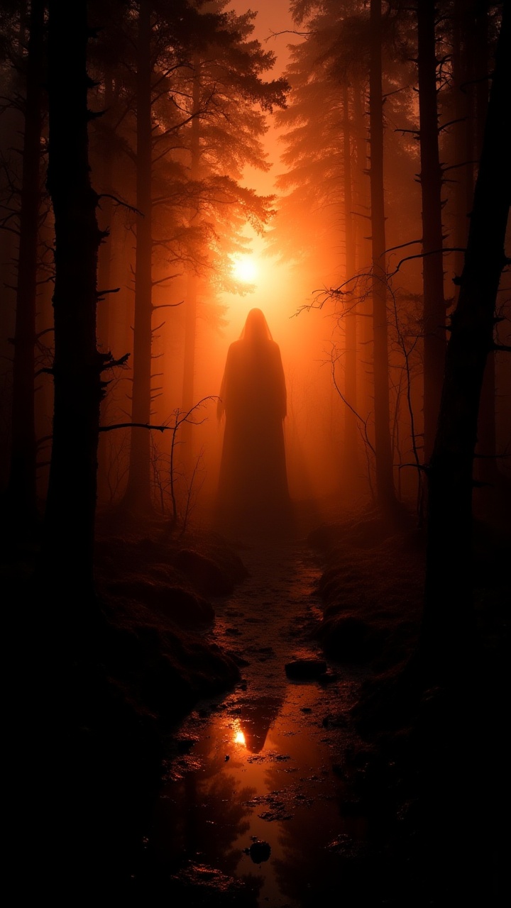 Photograph,  In the heart of a serene forest,  the sun sets behind a towering figure on Tensor.Art