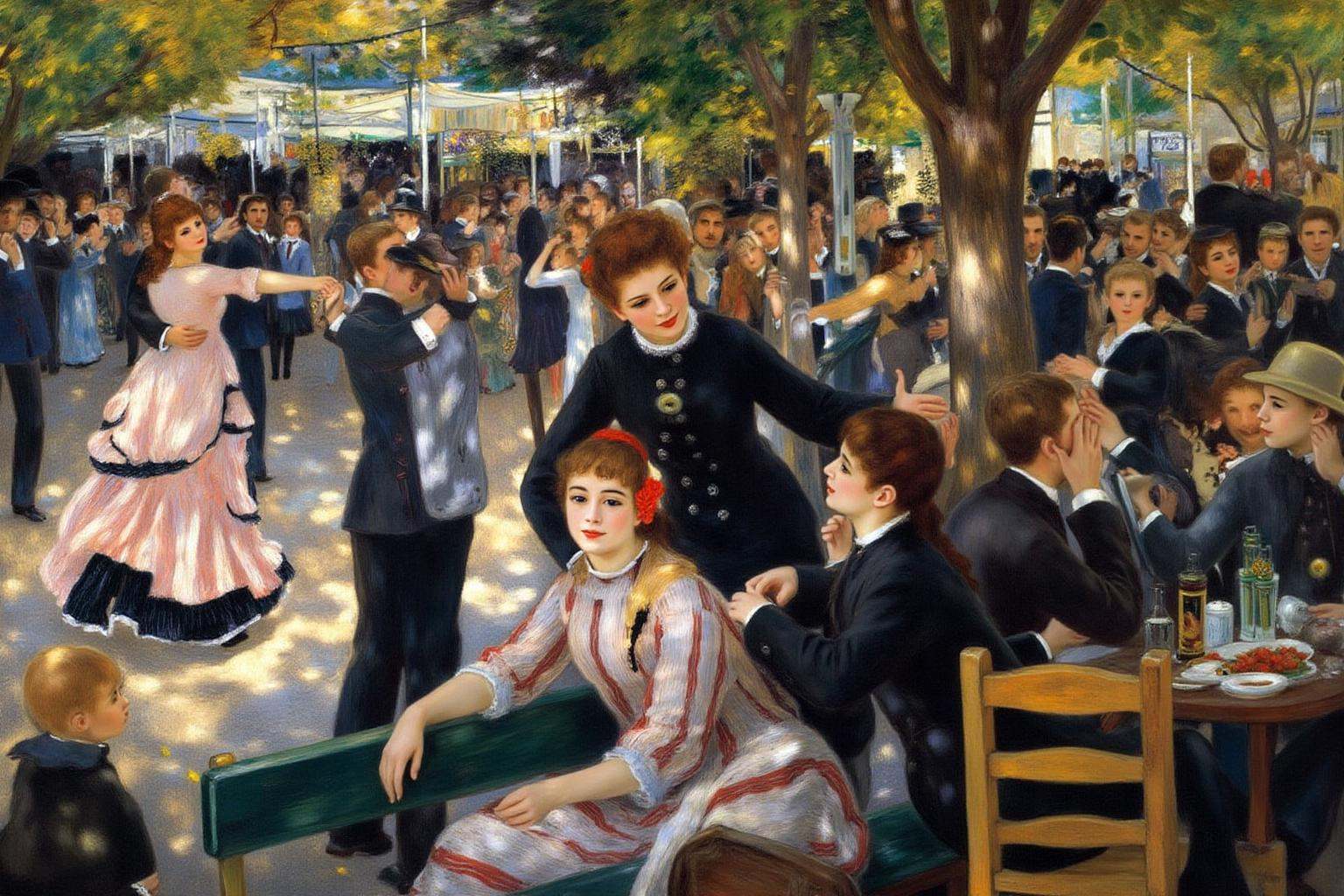 pierreaugusterenoir1 painting. A lively 19th-century French outdoor dance scene. In the foreground,  a young woman in a st...