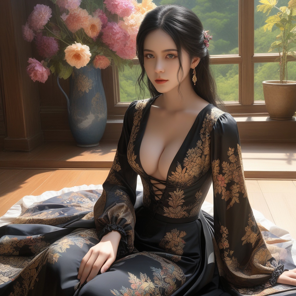 (,1girl, ,best quality, ),,,anime,(masterpiece, top quality, best quality, official art, beautiful and aesthetic:1.2), (1girl)	, , (cleavage),, extreme detailed,(fractal art:1.3),colorful, flowers ,highest detailed,(by Jeremy Lipking)    (cleavage),,  (), (sit), <lora:823-DA-XL-国模-恶女-VIVI:0.8>,